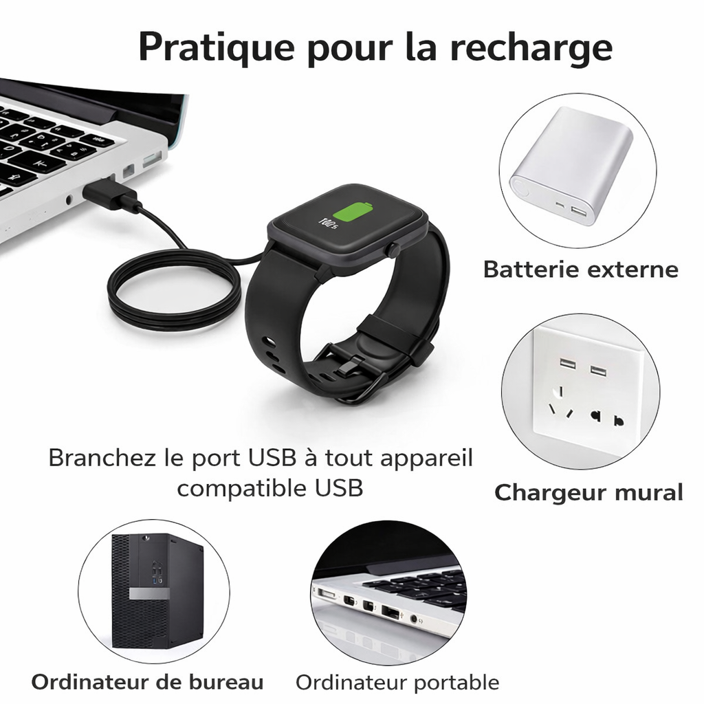 Câble de Charge Magnétique USB 2 Pins – 9.0–15.5 mm | Montres Connectées & Appareils Compatibles