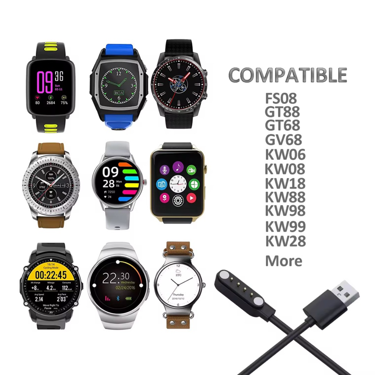 Câble de Charge Magnétique 4P – 7.62 à 14.3 mm (Pogo Pin) pour Montres Connectées
