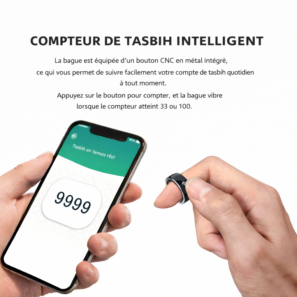 Bague Tasbeeh Intelligente QB708 – Compteur de Dhikr Connecté avec Rappels Azan