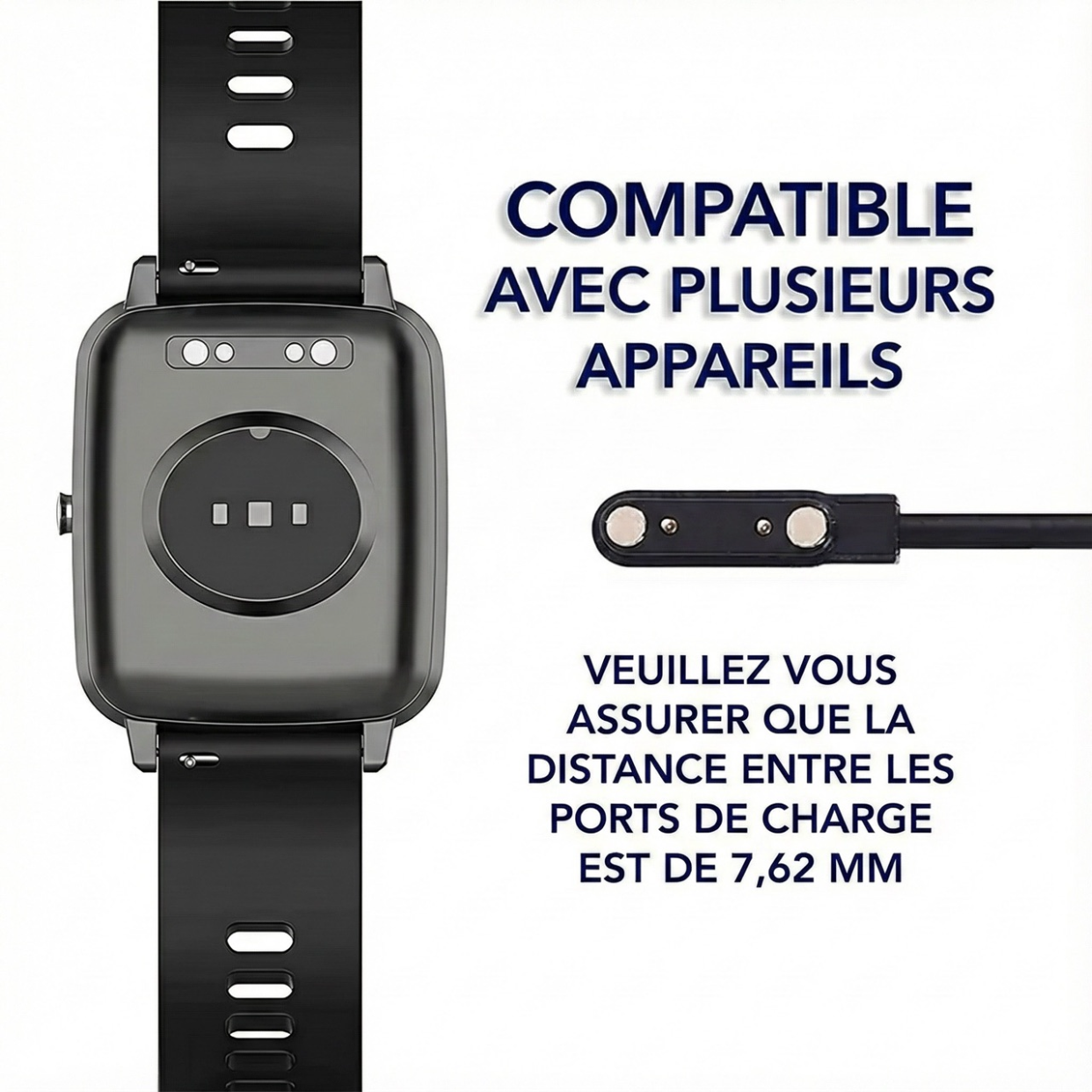 Câble de Charge Magnétique 2P – 7.62 à 14.3 mm, USB, Compatible Montres connectées