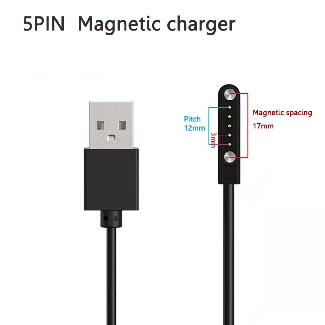 Chargeur Magnétique 5PIN – USB 2.0, Espacement 12 mm / 17 mm, Compatible Montres Intelligentes