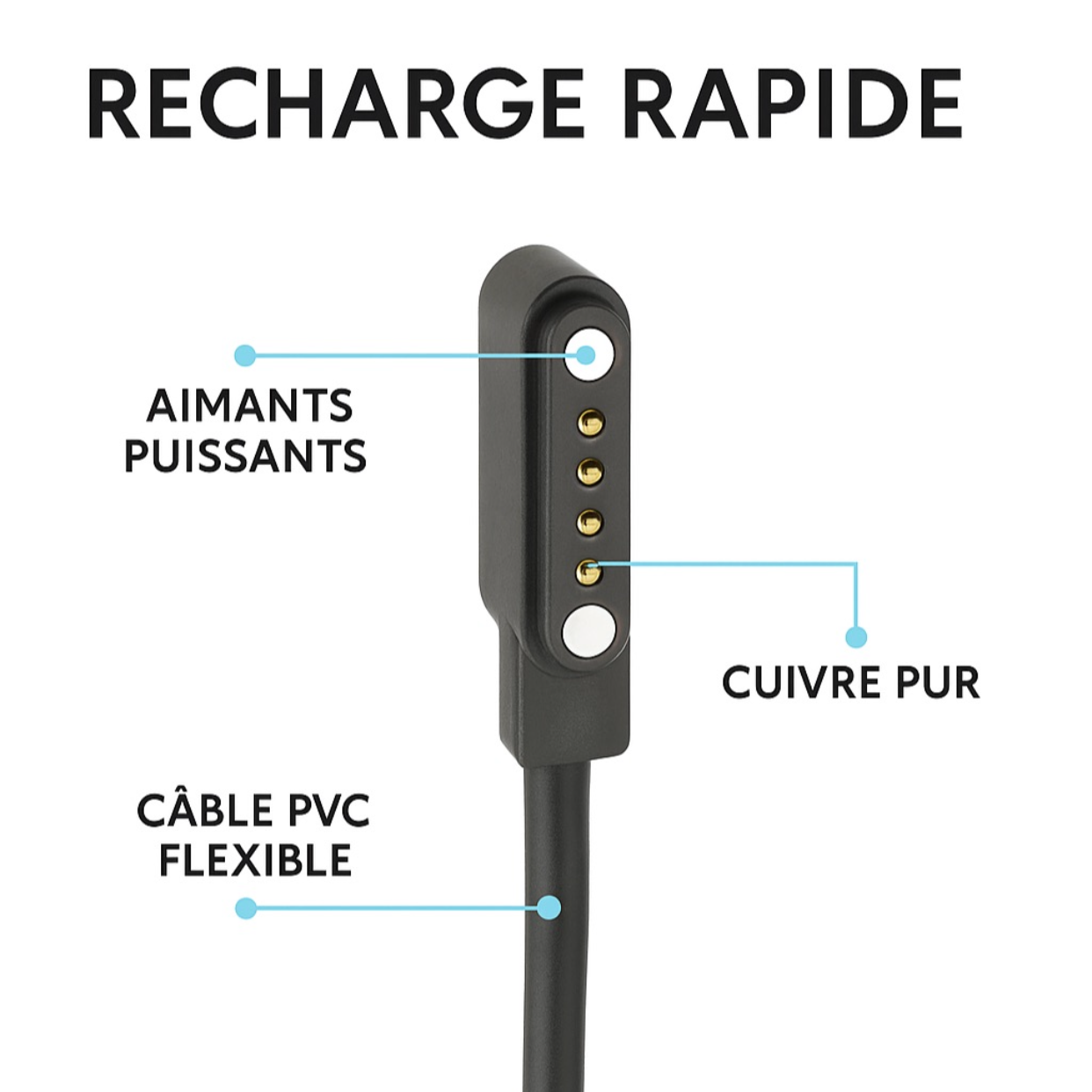 Câble de Charge Magnétique USB 4 Pins – 9.0 a 15.5 mm | Recharge Fiable pour Montres Connectées Compatibles et Appareils Électroniques Compatibles