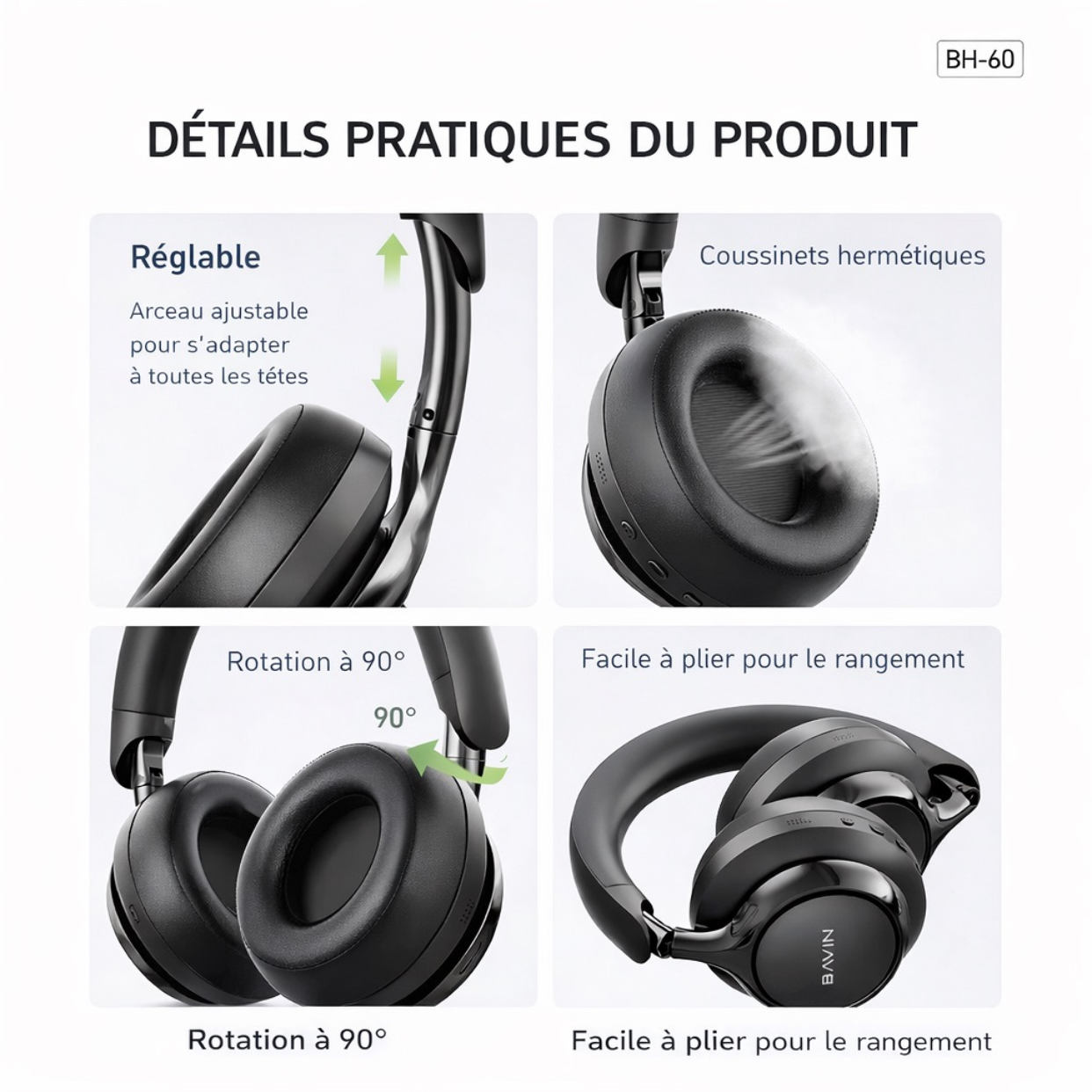 Casque Sans Fil ANC BAVIN BH-60 – Bluetooth 5.4, Réduction Active du Bruit, Son Hi-Fi 360°, Autonomie Longue Durée