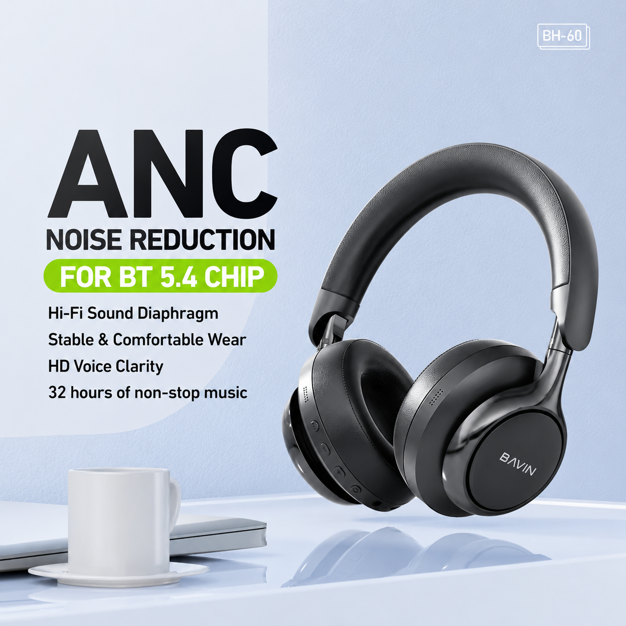 Casque Sans Fil ANC BAVIN BH-60 – Bluetooth 5.4, Réduction Active du Bruit, Son Hi-Fi 360°, Autonomie Longue Durée