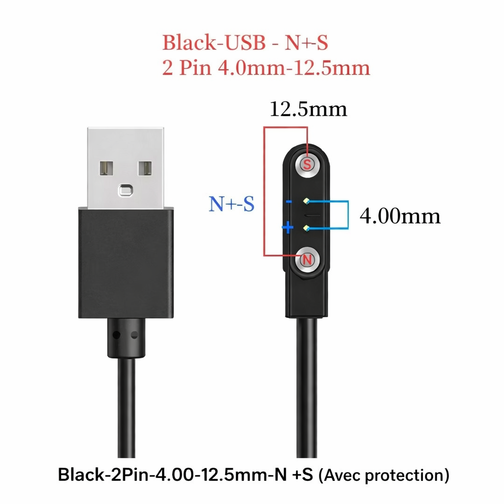 Câble de Charge Magnétique Universel pour Montre Connectée – 2 Pins 4.0-12.5mm