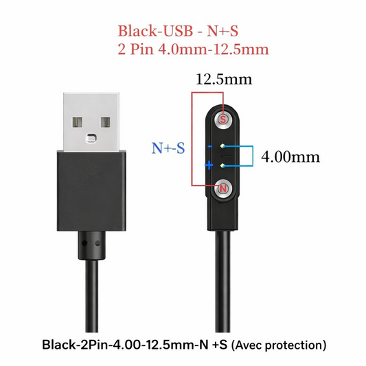 Câble de Charge Magnétique Universel pour Montre Connectée – 2 Pins 4.0-12.5mm