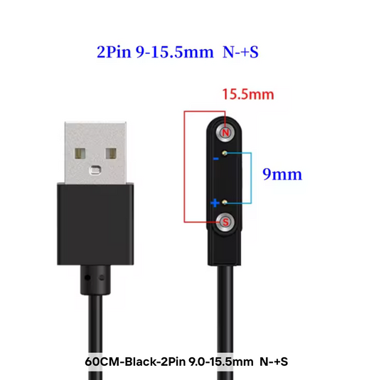 Câble de Charge Magnétique USB 2 Pins – 9.0–15.5 mm | Montres Connectées & Appareils Compatibles