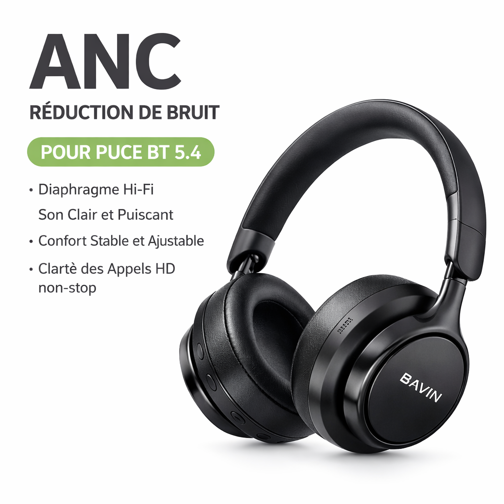 Casque Sans Fil ANC BAVIN BH-60 – Bluetooth 5.4, Réduction Active du Bruit, Son Hi-Fi 360°, Autonomie Longue Durée